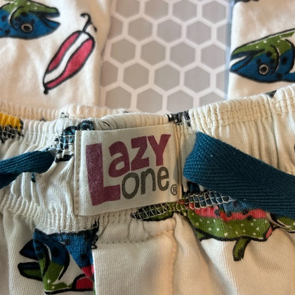 Lazy One White Pajama Bottoms with Blue Drawstring and Multicolor Fish Size XS